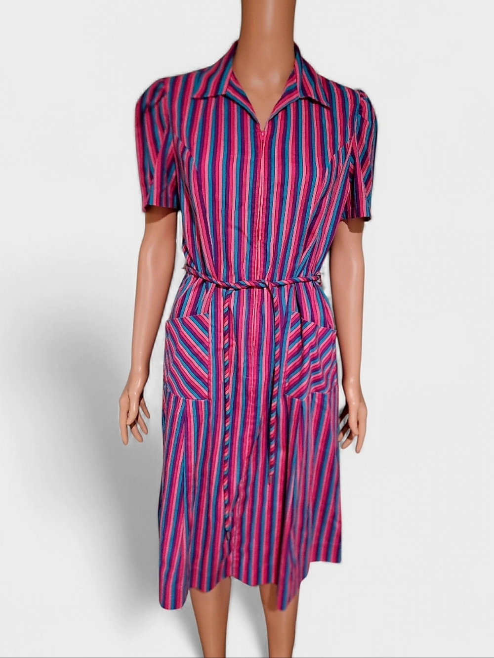 Vintage 70s Sears Perma-Smooth Striped Shirt Dress Pink Teal Belted Midi. Size 4